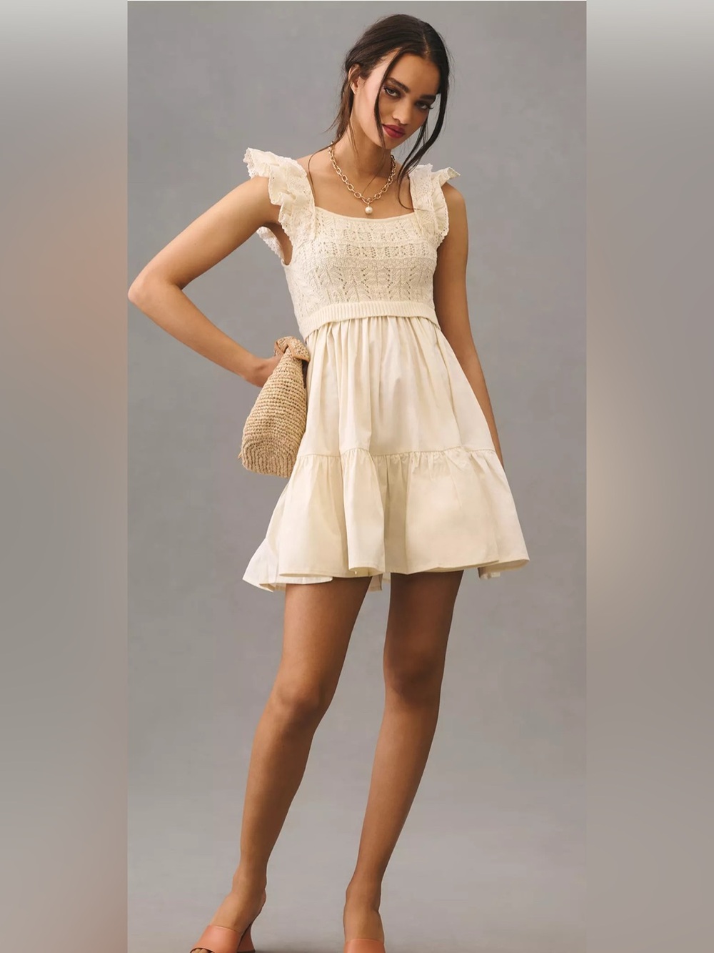 Cottagecore Romantic Crochet Collette Mini Sun Dress Ruffle Puff Sleeve Size S - Picture 2 of 6